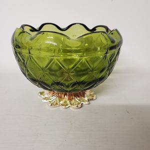 Vintage Indiana Green Glass Pineapple Bowl Gold Tone Pedestal